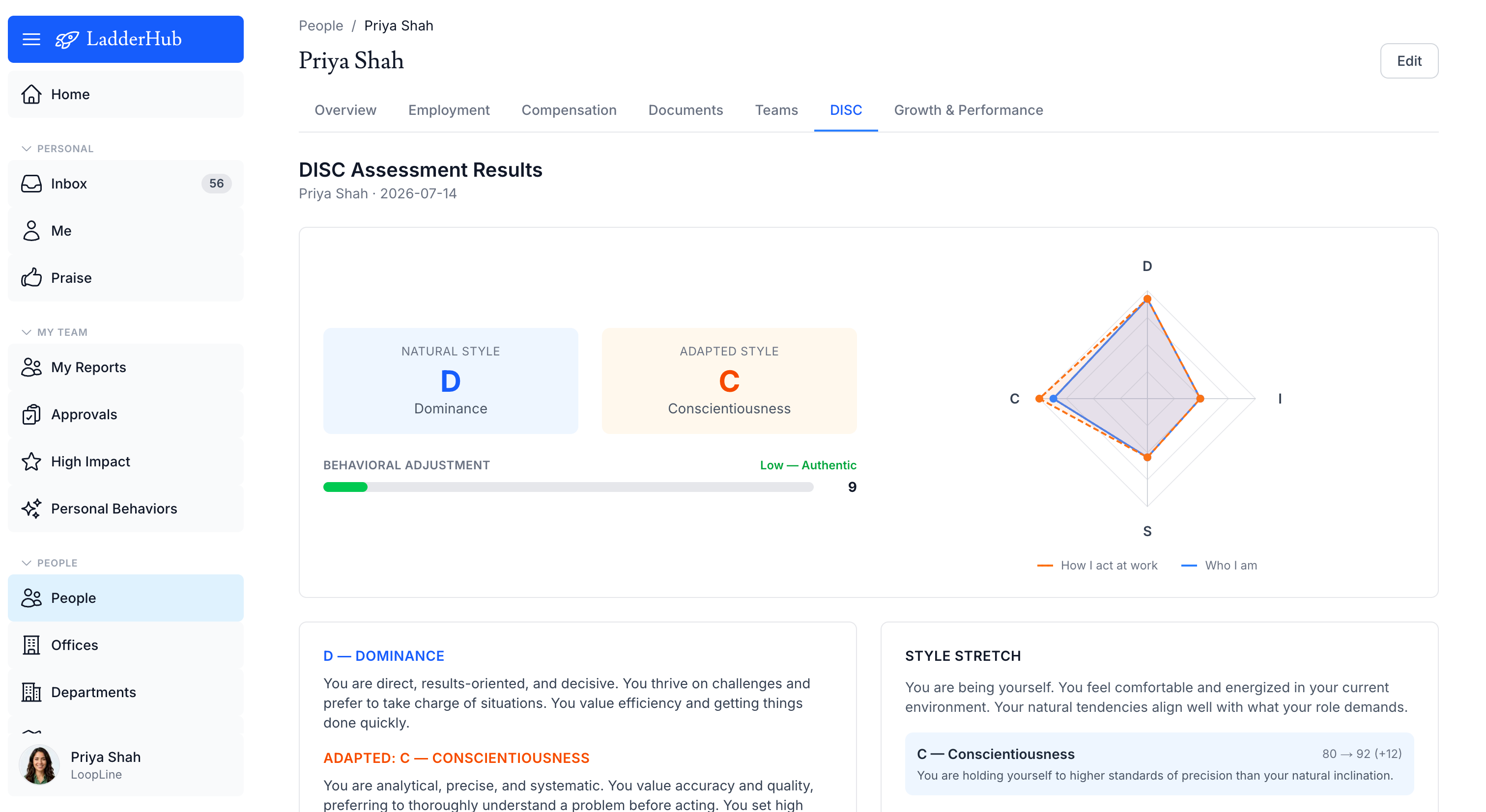 DISC assessment spider chart comparing natural and adapted behavioral styles