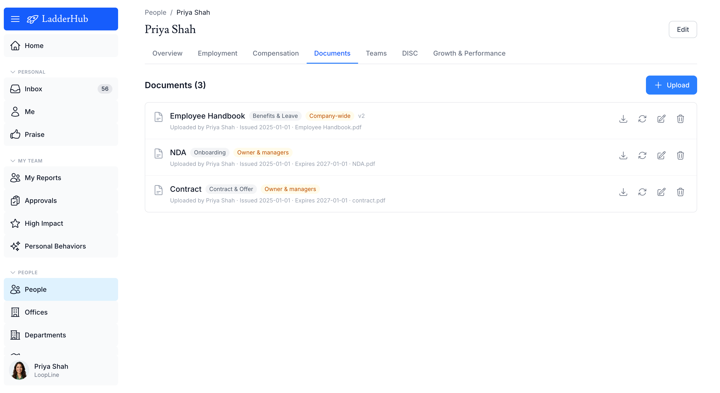Per-person document store with versioning, confidentiality tiers, and expiry filter