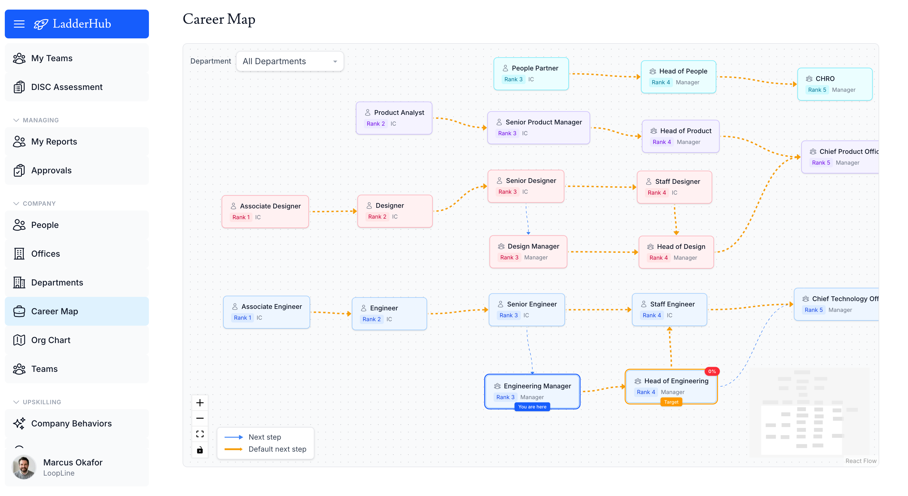 Career graph view of positions and next-step edges