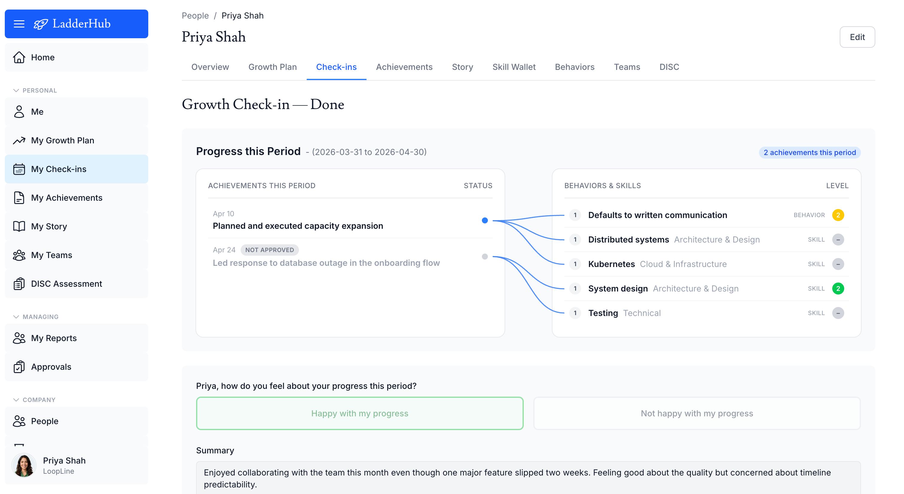 Monthly check-in with self-assessment and manager review