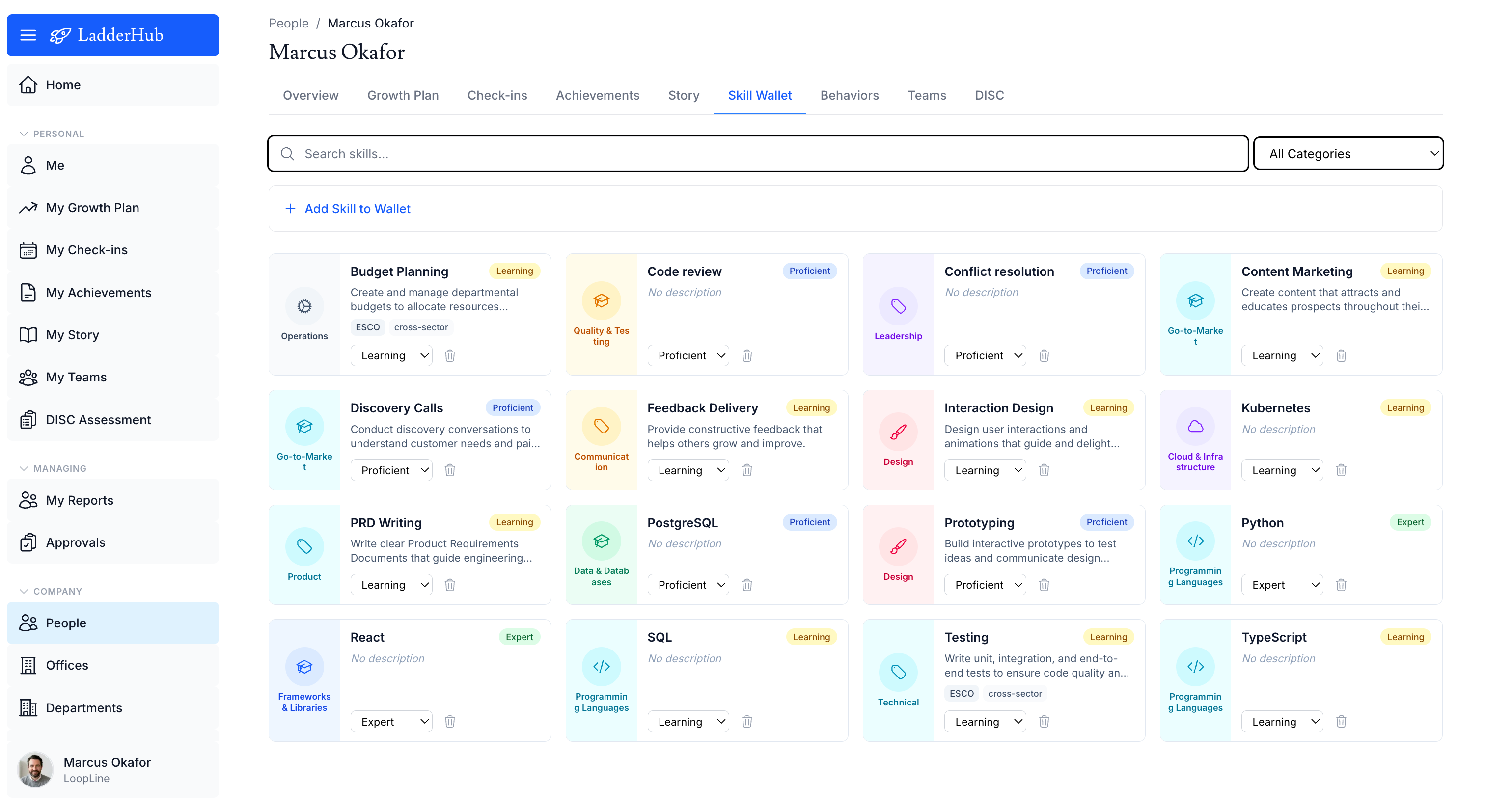 Skill wallet with three proficiency levels