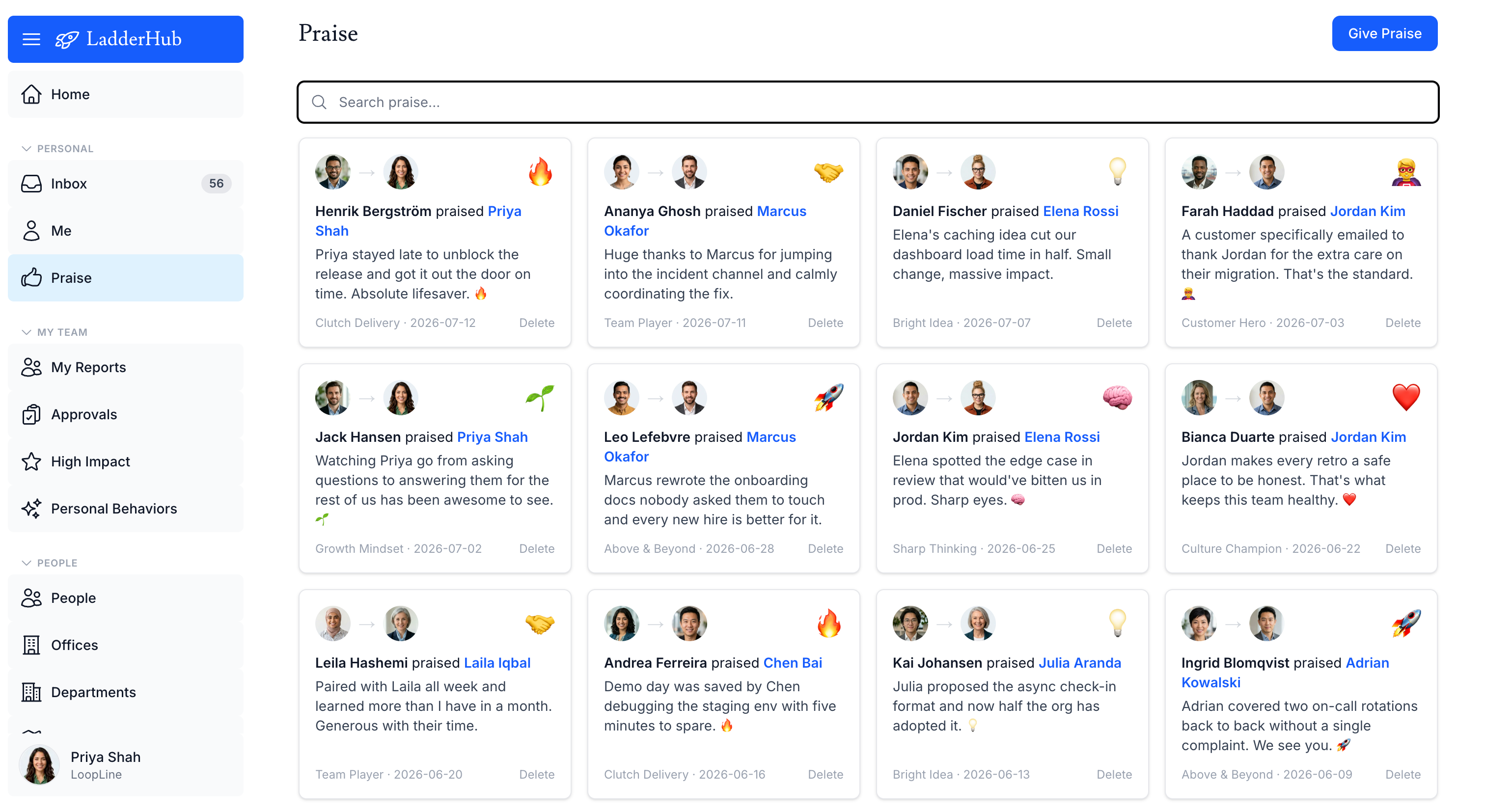 Peer praise wall with recognition badges and visibility controls